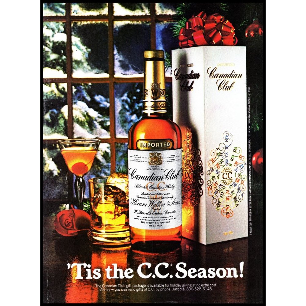 1981 Canadian Club Whisky Vintage Print Ad Christmas Gift Box Bow Snow Wall Art